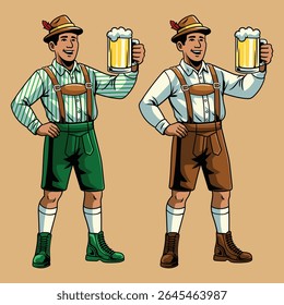 Homens bávaros tradicionais em lederhosen segurando canecas de cerveja, comemorando Oktoberfest com expressões alegres e roupas festivas