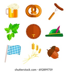 Traditional bavarian symbols and icons design for Oktoberfest holiday party. Octoberfest elements with beer mug and  hops, wheat and hat, barrel and sausage.