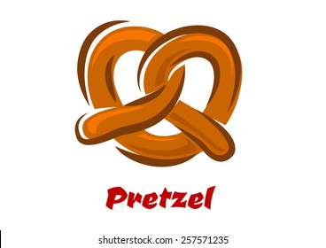 Traditional bavarian twisted fresh pretzel in cartoon style isolated on white background with red caption Pretzel for bakery design