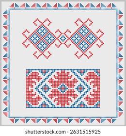 Tradicional frisado vermelho e azul histórico ornamentos padrão repetidos elementos, da região de Mykolaiv da Ucrânia