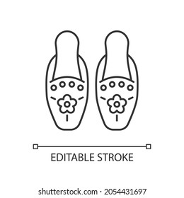 Traditional beadwork linear icon. Singaporean beaded slippers. National design. Decorate clothing. Thin line customizable illustration. Contour symbol. Vector isolated outline drawing. Editable stroke