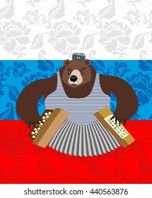 traditional bear Russia. Russian pattern background. Play an instrument