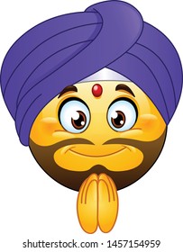 Traditional bearded Indian male emoji emoticon with a red tikka on his forehead wearing a purple turban and making a Namaste gesture