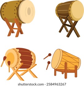 Traditional Bedug Drum Set. Islamic and Indonesian Cultural Percussion Instrument Vector Illustration