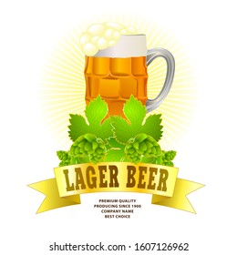 Traditional beer festival colorful logo idea. Beverage elements such as mug, ribbon, hops leaves. Central composition