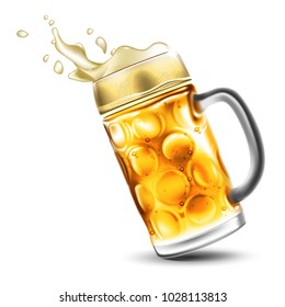 A traditional beer mug with bubbles and a foamy splash. Very realistic illustration with the effect of transparency.