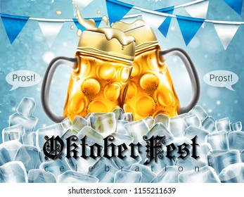 Traditional beer mugs with droplets of moisture. Highly realistic illustration with the effect of transparency.