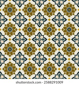 Traditional Beige and Green Floral Tile Seamless Pattern with Delicate Details