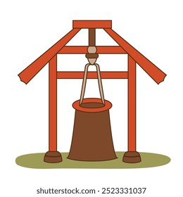 A traditional bell tower featuring a large bell suspended under a wooden structure.