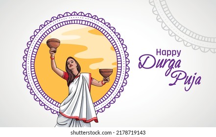 Traditional Bengali Durga Puja Dhunuchi Dance banner concept. Happy woman performing Dhunuchi dance of Bengal Vector illustration.