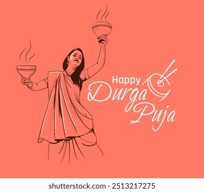 Traditional Bengali Durga Puja Dhunuchi Dance. Happy woman performing Dhunuchi dance of Bengal Vector illustration.