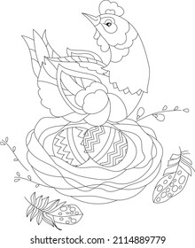 Traditional bird hen and eggs for season design. Cute Easter decor. Spring festive elements. Black and white.  Hand drawn illustration in zentangle style for children and adults, tattoo.