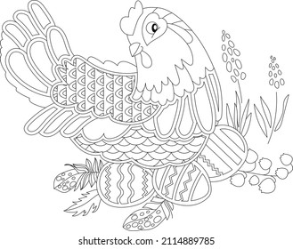 Traditional bird hen and eggs for season design. Cute Easter decor. Spring festive elements. Black and white.  Hand drawn illustration in zentangle style for children and adults, tattoo.