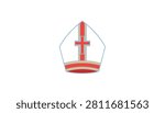 Traditional bishop mitre hat featuring a bold red cross symbol centered on white fabric with gold trim.