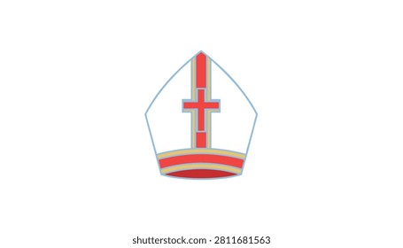 Traditional bishop mitre hat featuring a bold red cross symbol centered on white fabric with gold trim.