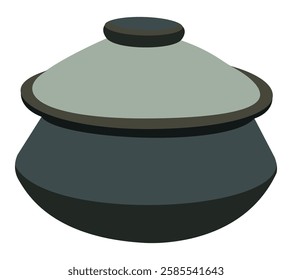 Traditional black clay cooking pot with lid, rustic ceramic cookware illustration