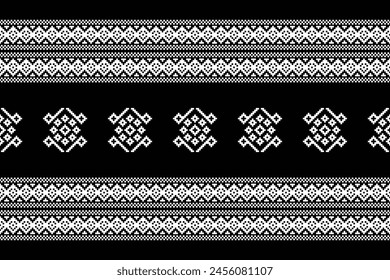 Traditional black ethnic motifs ikat geometric fabric pattern cross stitch.Ikat embroidery Ethnic oriental Pixel black background.Abstract,vector,illustration. Texture,decoration,wallpaper.