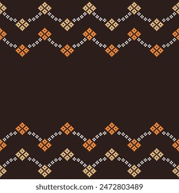 Traditional black ethnic motifs ikat geometric fabric pattern cross stitch.Ikat embroidery Ethnic oriental Pixel brown background.Abstract,vector,illustration. Texture,decoration,wallpaper.