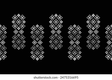 Traditional black ethnic motifs ikat geometric fabric pattern cross stitch.Ikat embroidery Ethnic oriental Pixel black background.Abstract,vector,illustration. Texture,decoration,wallpaper.