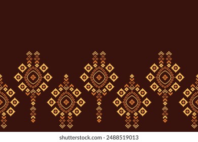 Traditional black ethnic motifs ikat geometric fabric pattern cross stitch.Ikat embroidery Ethnic oriental Pixel brown background.Abstract,vector,illustration. Texture,decoration,wallpaper.