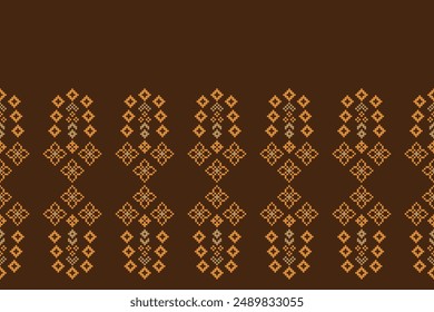 Traditional black ethnic motifs ikat geometric fabric pattern cross stitch.Ikat embroidery Ethnic oriental Pixel brown background.Abstract,vector,illustration. Texture,decoration,wallpaper.