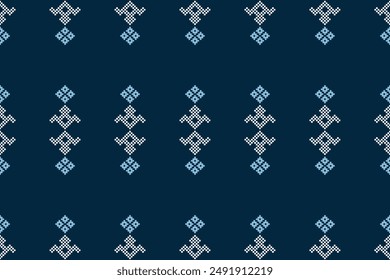 Traditional black ethnic motifs ikat geometric fabric pattern cross stitch.Ikat embroidery Ethnic oriental Pixel blue background.Abstract,vector,illustration. Texture,decoration,wallpaper.