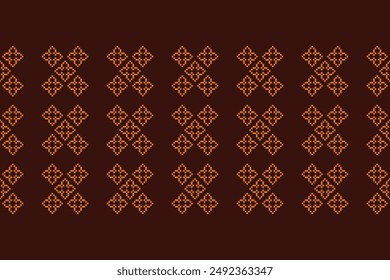 Traditional black ethnic motifs ikat geometric fabric pattern cross stitch.Ikat embroidery Ethnic oriental Pixel brown background.Abstract,vector,illustration. Texture,decoration,wallpaper.