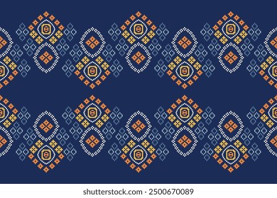Traditional black ethnic motifs ikat geometric fabric pattern cross stitch.Ikat embroidery Ethnic oriental Pixel blue background.Abstract,vector,illustration. Texture,decoration,wallpaper.