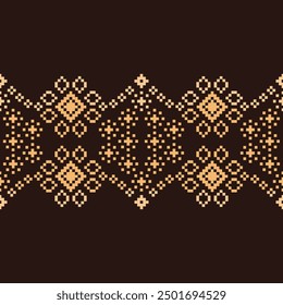 Traditional black ethnic motifs ikat geometric fabric pattern cross stitch.Ikat embroidery Ethnic oriental Pixel brown background.Abstract,vector,illustration. Texture,decoration,wallpaper.