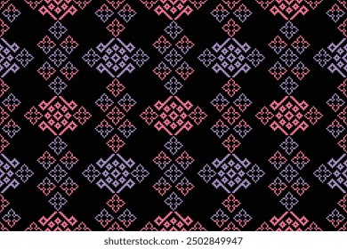 Traditional black ethnic motifs ikat geometric fabric pattern cross stitch.Ikat embroidery Ethnic oriental Pixel black background.Abstract,vector,illustration.Texture,decoration,wallpaper.