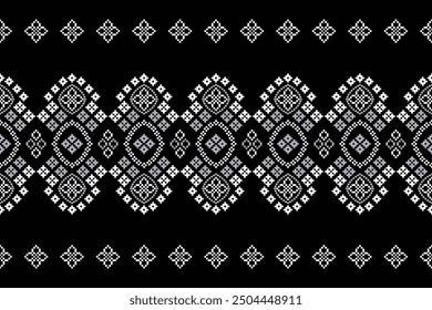 Traditional black ethnic motifs ikat geometric fabric pattern cross stitch.Ikat embroidery Ethnic oriental Pixel black background.Abstract,vector,illustration.Texture,decoration,wallpaper.