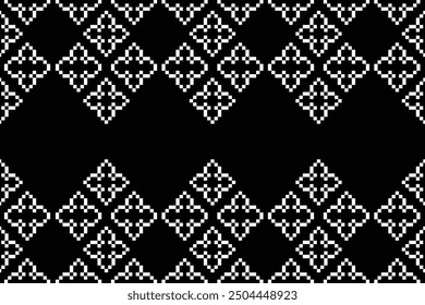 Traditional black ethnic motifs ikat geometric fabric pattern cross stitch.Ikat embroidery Ethnic oriental Pixel black background.Abstract,vector,illustration.Texture,decoration,wallpaper.