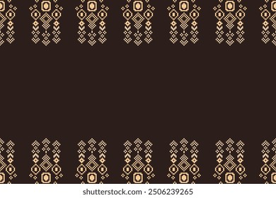 Traditional black ethnic motifs ikat geometric fabric pattern cross stitch.Ikat embroidery Ethnic oriental Pixel brown background.Abstract,vector,illustration. Texture,decoration,wallpaper.