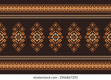 Traditional black ethnic motifs ikat geometric fabric pattern cross stitch.Ikat embroidery Ethnic oriental Pixel brown background.Abstract,vector,illustration. Texture,decoration,wallpaper.