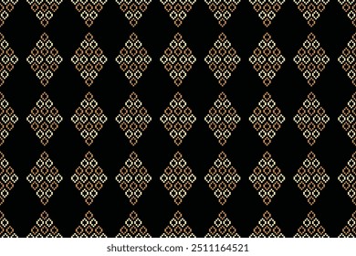 Traditional black ethnic motifs ikat geometric fabric pattern cross stitch.Ikat embroidery Ethnic oriental Pixel black background.Abstract,vector,illustration.Texture,decoration,wallpaper.
