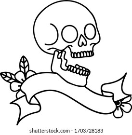 traditional black linework tattoo with banner of a skull