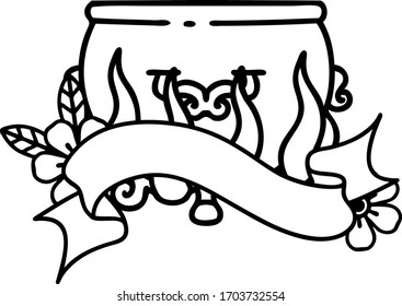 traditional black linework tattoo with banner of a lit cauldron