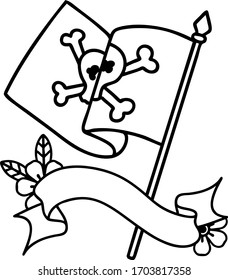 traditional black linework tattoo with banner of a pirate flag