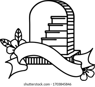 traditional black linework tattoo with banner of a grave stone