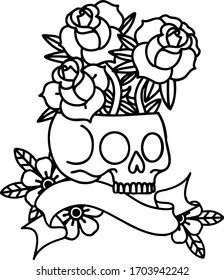 traditional black linework tattoo with banner of a skull and roses