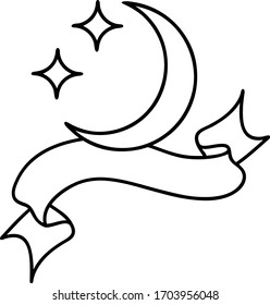 traditional black linework tattoo with banner of a moon and stars