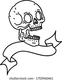 traditional black linework tattoo with banner of a skull
