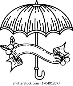 traditional black linework tattoo with banner of an umbrella