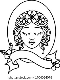 traditional black linework tattoo with banner of a maiden with eyes closed