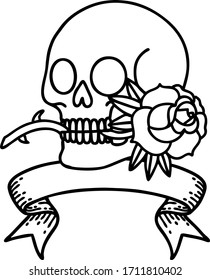 traditional black linework tattoo with banner of a skull and rose