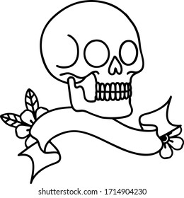traditional black linework tattoo with banner of a skull