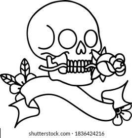 traditional black linework tattoo with banner of a skull