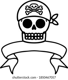 traditional black linework tattoo with banner of a pirate skull