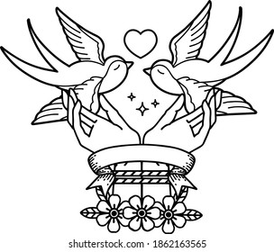 traditional black linework tattoo with banner of tied hands and swallows