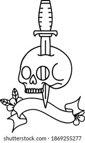 traditional black linework tattoo with banner of a skull